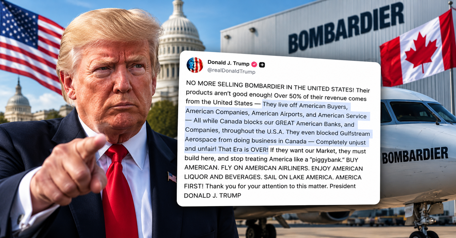 Trump Threatens to Block Bombardier Sales in U.S. Unless Company Builds There